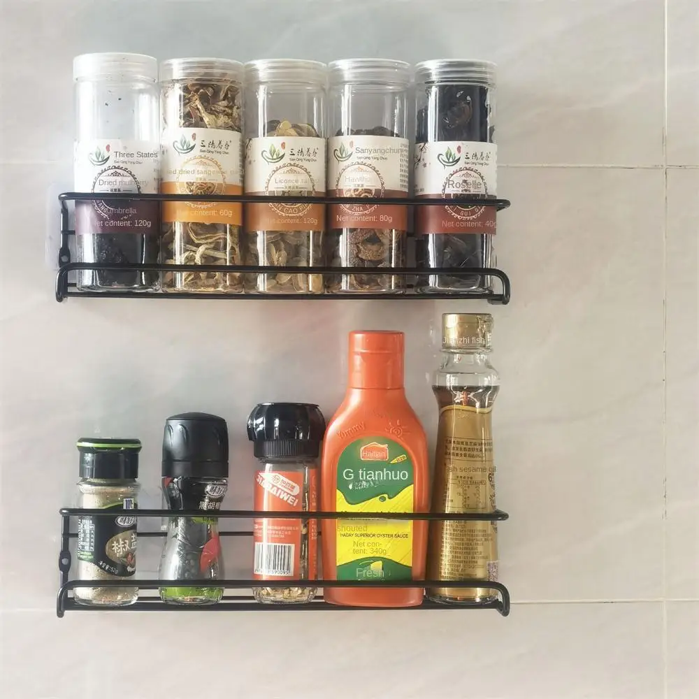 

New Wall-Mounted Storage For Household Condiments Rack Spices Storage And Drainage Rack Perforation-Free Metal Kitchen Shelf