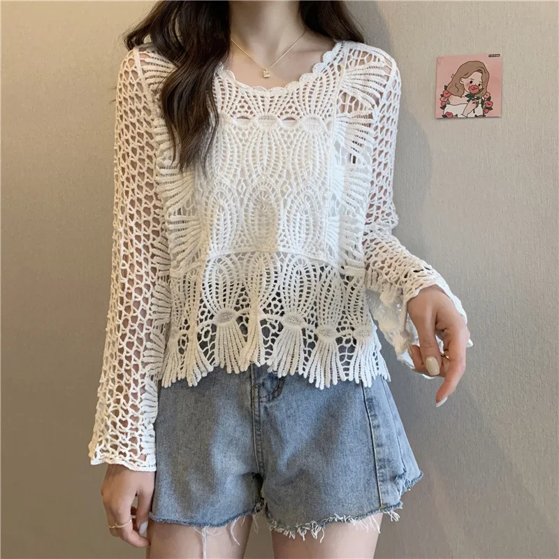 Summer French Style Thin Blouse Niche Hollow Lace Shirt Women's Short Sun Protection Top Women's