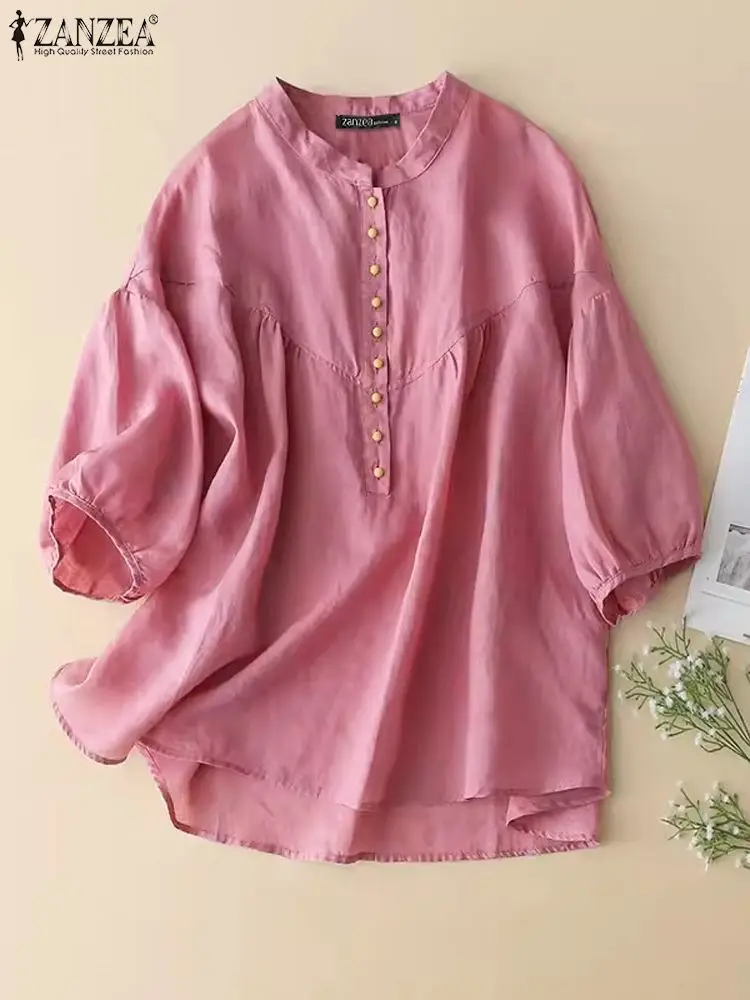 

2023 Summer Stand Collar Top ZANZEA Women Elegant Solid Blouse Casual Loose Buttons Colorblock Shirt Chic 3/4 Puff Sleeve Blusas