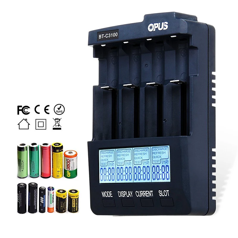 

Opus 18650 Battery Charger BT-C3100 V2.2 Digital Intelligent 4 Slots AA/AAA LCD Lithium-Ion Ni-MH NiCd Rechargeable Batteries