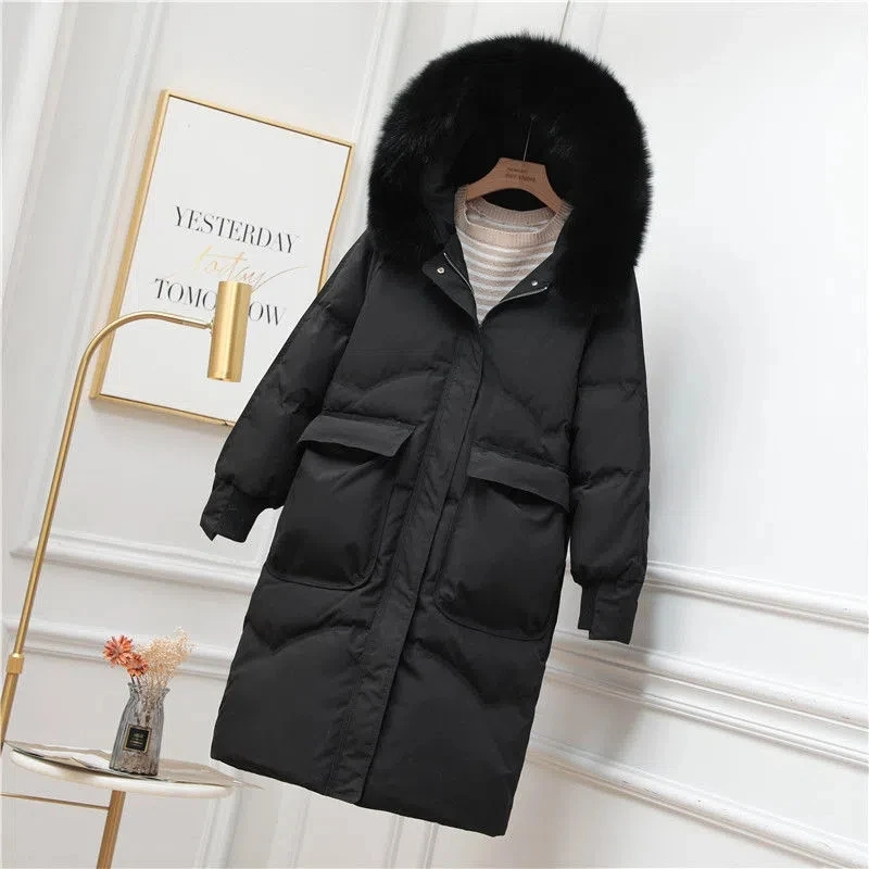 White Duck Down Coat Women 2022 Winter New Fashion Slim High-end  Down Jacket Female Large Size Long Hooded Fur Collar Parkas