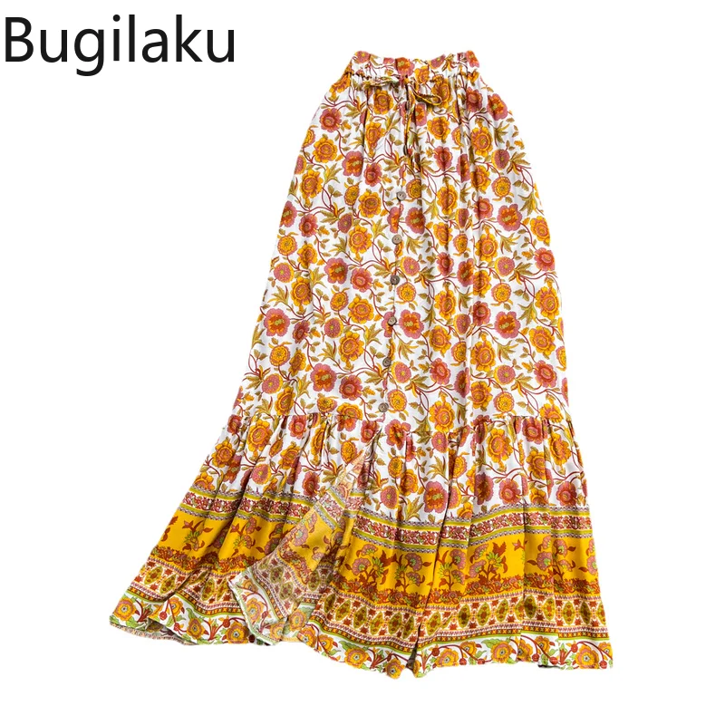 

Юбка женская шифоновая с высокой талией, винтажная широкая юбка с разрезом, цветочным принтом, на шнуровке, до середины икры, в богемном стил...