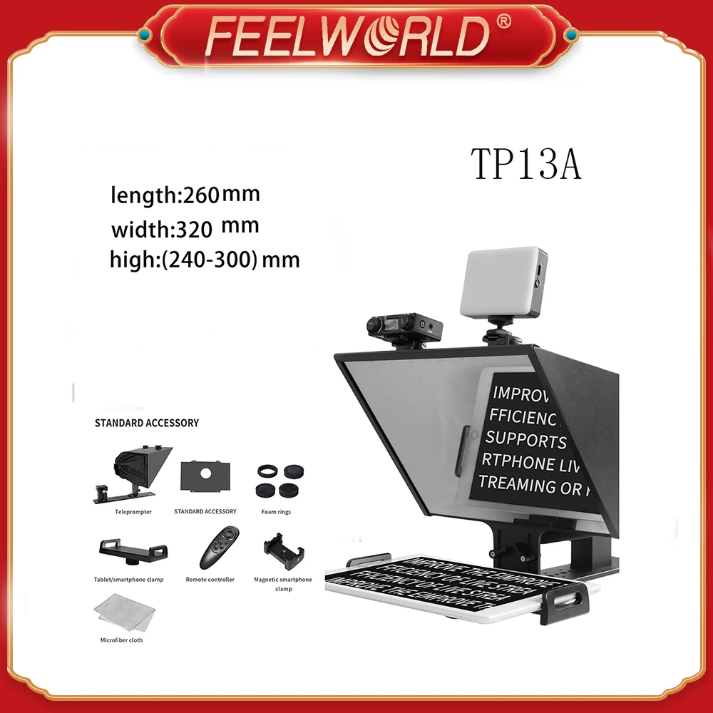 

Портативный 13-дюймовый телесуфлер FEELWORLD TP13A поддерживает до 13 дюймов смартфон/планшет для съемки DSLR с дистанционным управлением