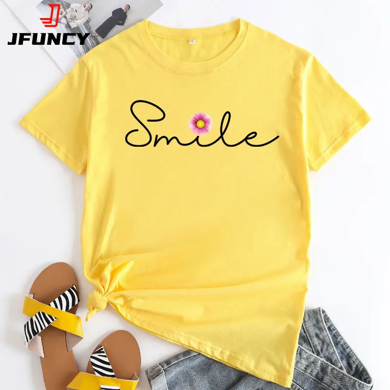 JFUNCY Short Sleeve Women Tops Women's Oversized T-shirts Summer Cotton Tee Shirt Female Graphic T Shirts Fashion Ladies Tshirt