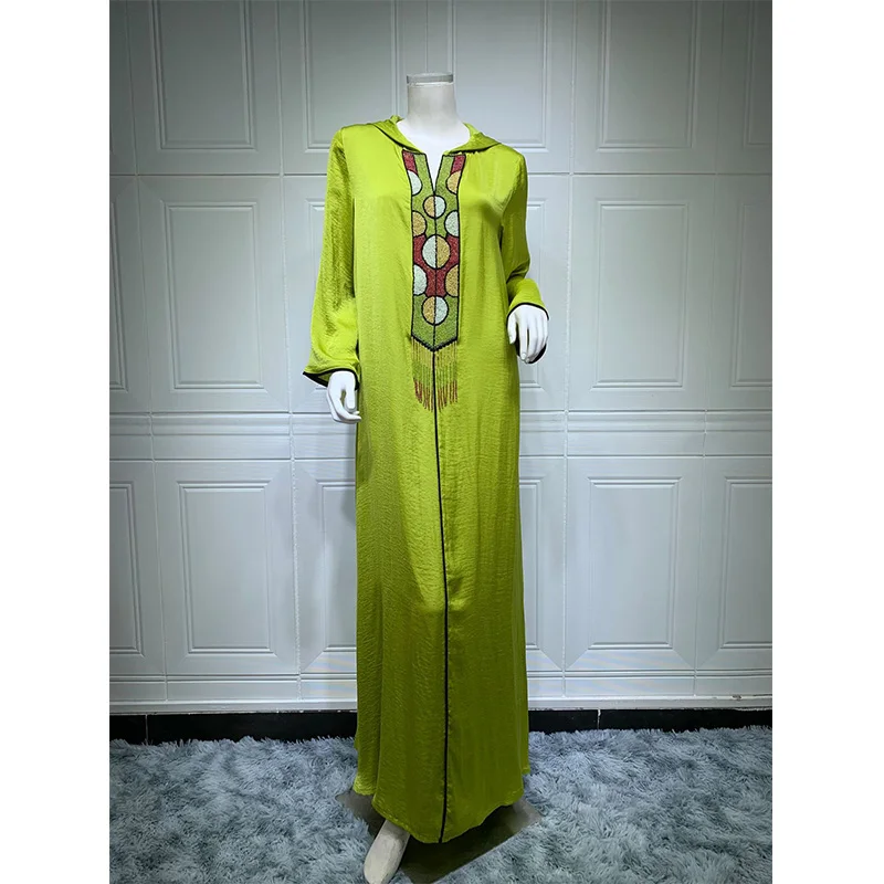 Robe Femme Musulmane New Green Middle East Luxury Beaded Robe Jalabia Muslim Dress Hooded Abayas for Women Dubai