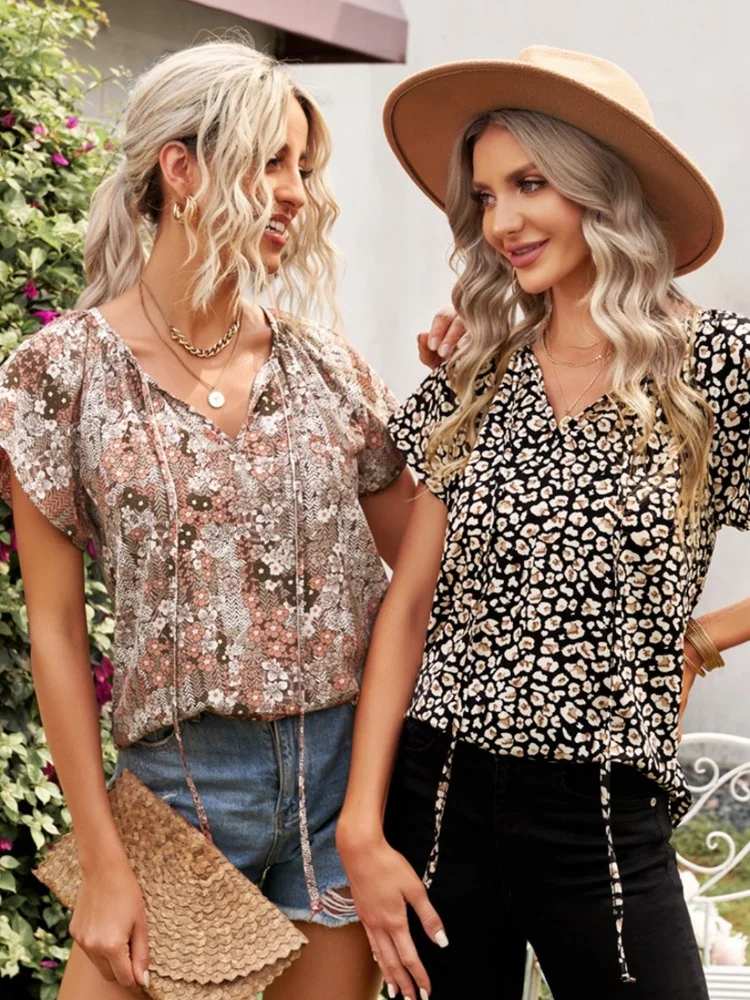 

Summer Bohemian Blouses Woman 2023 Floral Short Sleeve Chiffon Cool Tops Women's Casual V-neck Pullover Novelty Ladies T-shirt