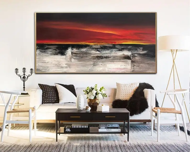 

Абстрактная пейзажная живопись, холст, красочное настенное искусство, красное искусство, искусство, закат, большая живопись, над кроватью, Д...