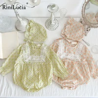 rinilucia 2pcs korean lace ruffle baby romper with hat set infant floral long sleeve jumpsuit toddler baby girl sweet clothes