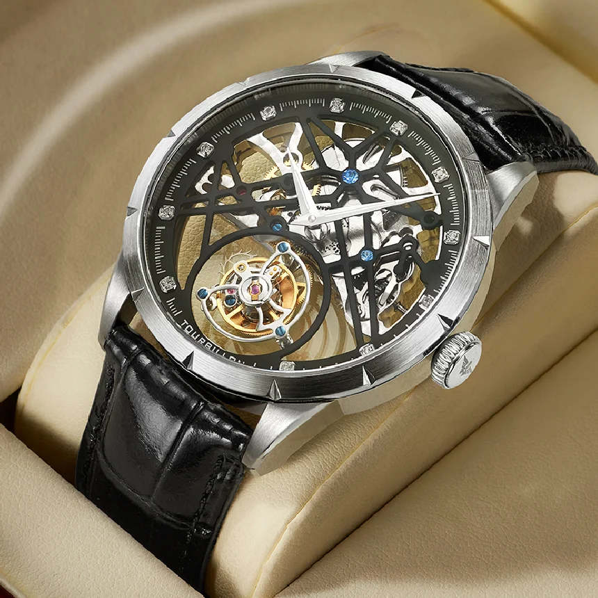

JINLERY Real Tourbillon Mechanical Watch Men Luxury Skeleton Watches for Men Waterproof Wristwatch Male Clock Relogio Masculino