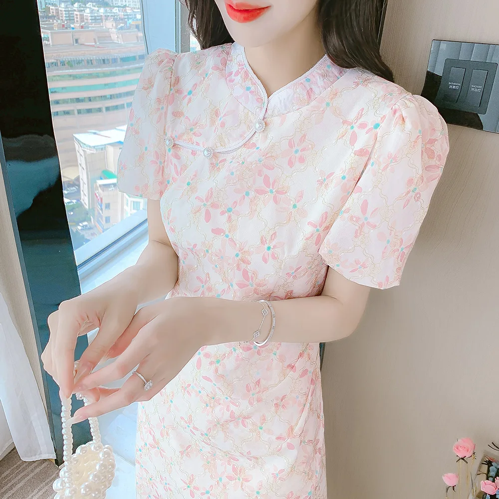 

COIGARSAM женское цельное корейское Платье Лето 2022 Чонсам золотые пионы золотые светло-розовые платья Прямая поставка