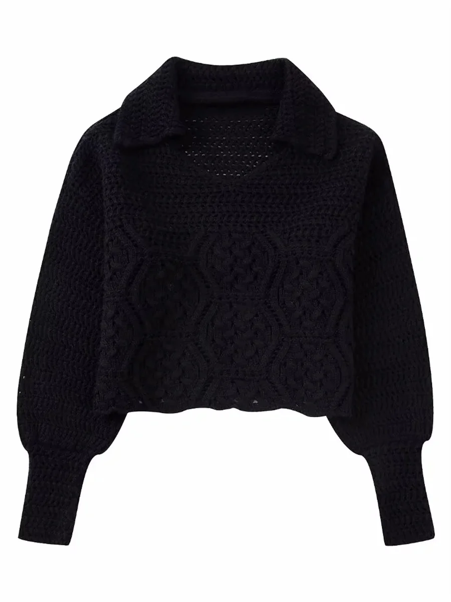 

Женский трикотажный короткий свитер с рукавами-фонариками и воротником-поло