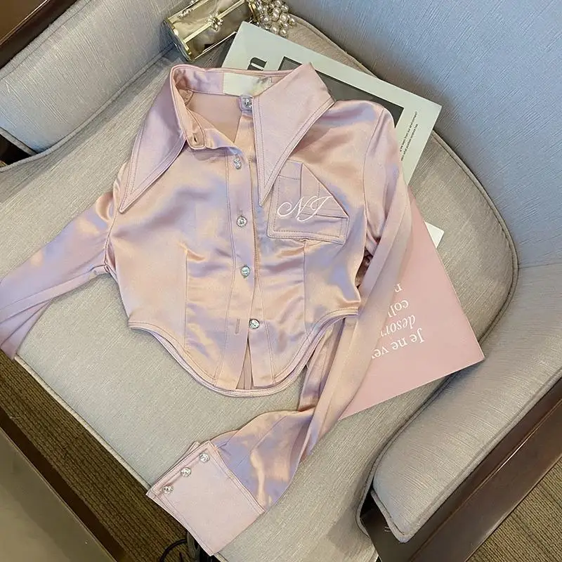 

Женская блузка с длинным рукавом и отложным воротником, розовая, белая, черная блузка в Корейском стиле для девушек, весна-лето 2023