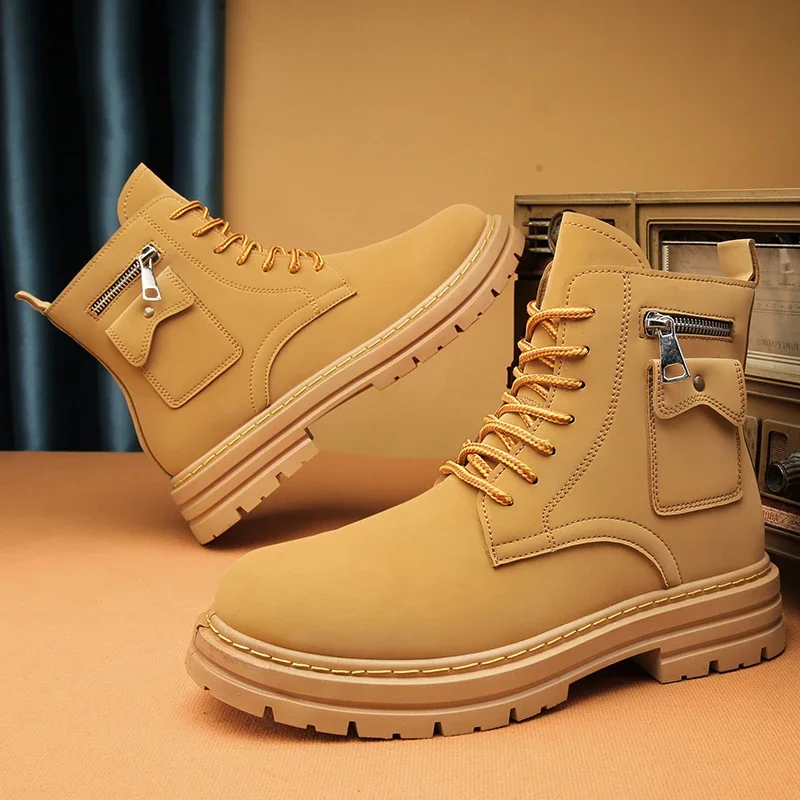 

2023 Fashion Yellow Mens Tooling Boots Autumn Winter Platform Motorcycle Boots Men Casual Leather Ankle Boots For Men Work Shoes