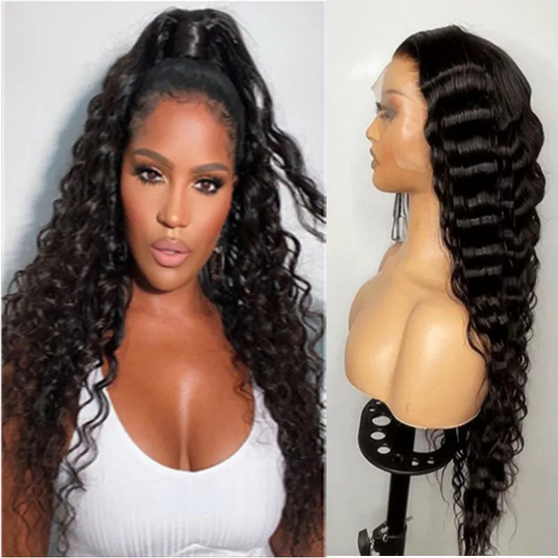 

Soft Curly 26Inch Long Natural Black Lace Front Wig Glueless180% Density For African Women Deep Wave PrePlucked Baby Hair Daily