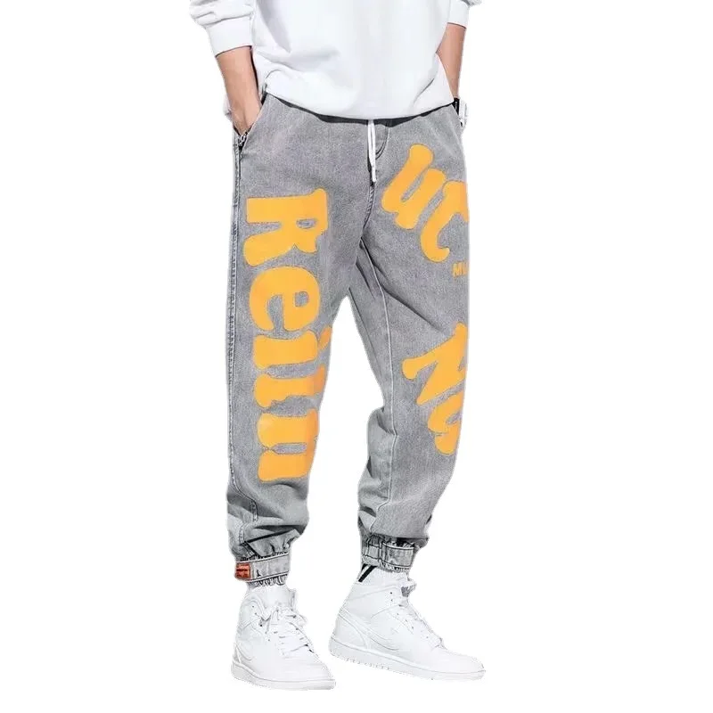 Streetwear Vintage Jeans Hip Hop Jeans Harem Pants Men's Casual Graffiti Printing Loose Jeans Fashion Mid Waist Lace-up Jeans