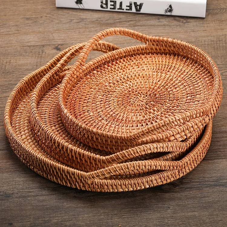 

3 шт., круглые тарелки для хранения еды, из ротанга