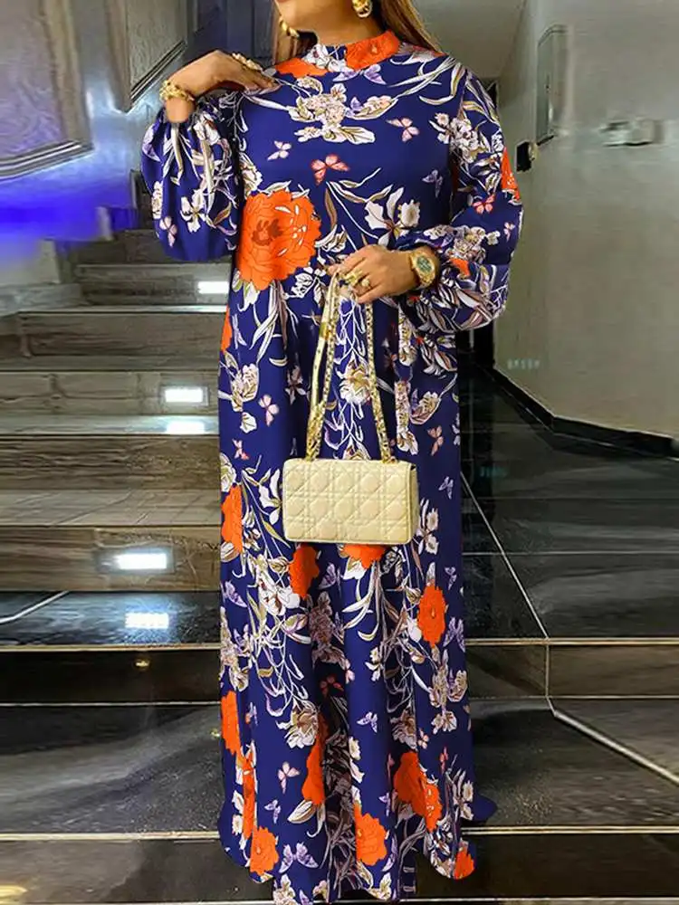 VONDA Plus Size Autumn Dress 2022 Women Long Lantern Sleeve Vintage Printed Holiday Maxi Sundress Pleated Bohemian Party Vestido
