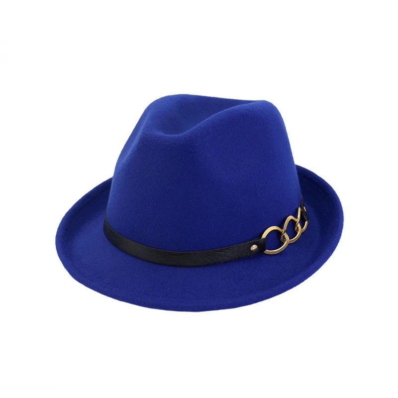 

European US Roll Brim Jazz Woolen Felt Fedora Hat with Belt Chain Men Women Formal Party Trilby Stage Performance Hats 6 Colors