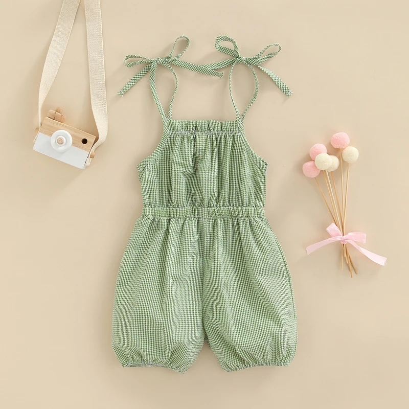 

1-4 Years Sleeveless Bodysuits Toddler Girls Summer Casual Jumpsuit Sleeveless Backless Adjustable Strap Plaid Romper