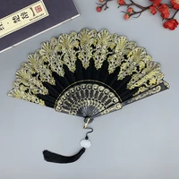 cheongsam folding fan chinese style single flower plastic fan court dance hand fan with pendant gift wedding party decoration