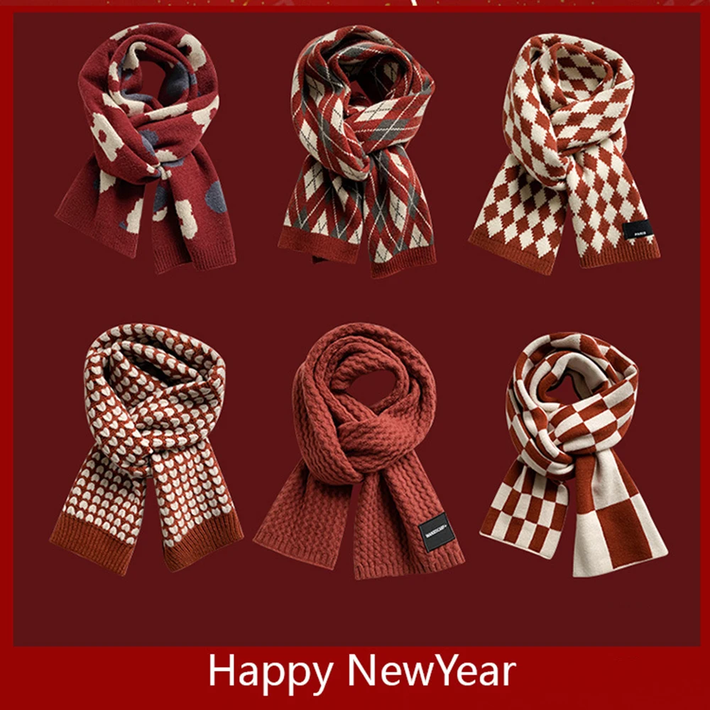 New Year Christmas Plaid Knit Red Scarf Female Winter Snowflake Warm Soft Long Wrap Shawl All-Match Imitation Cashmere Scarves