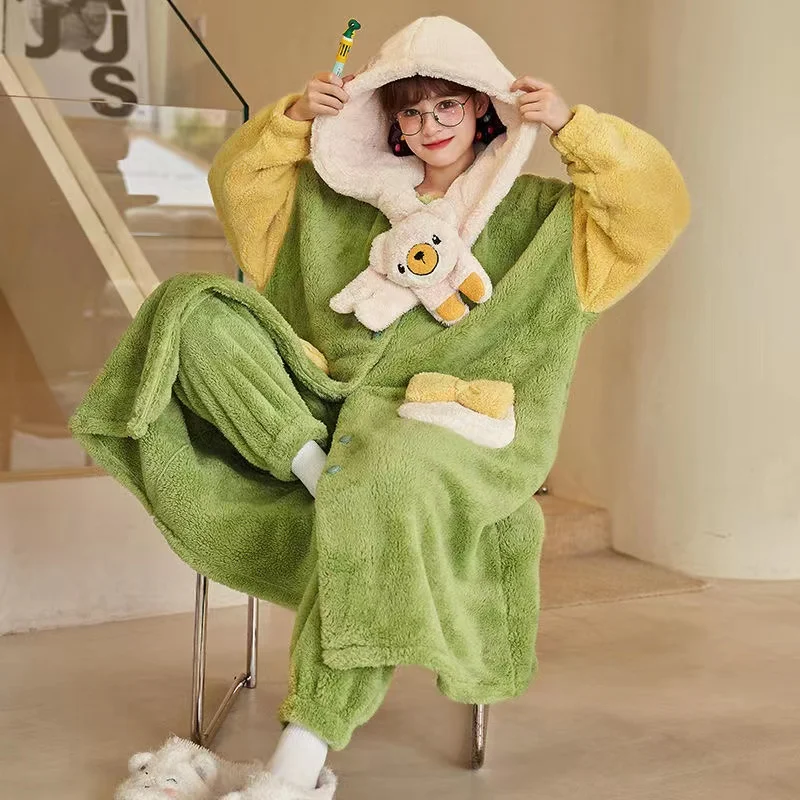 New Winter Pyjamas Sets Women Hooded Cute Long Ears Thick Warm Flannel Homewear Female Cartoon Nightgown Suit Pijama Mujer