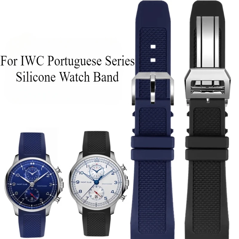 Фото Гибкий удобный силиконовый ремешок для часов черный синий для IWC португальской серии IW 390503   IW 3907047   Лента дугового интерфейса 22 мм №1