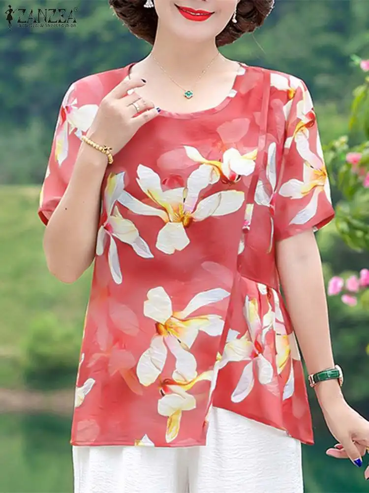 

Блузка ZANZEA женская с круглым вырезом, праздничный топ с цветочным принтом, асимметричная строчка, повседневная одежда с коротким рукавом, лето 2023