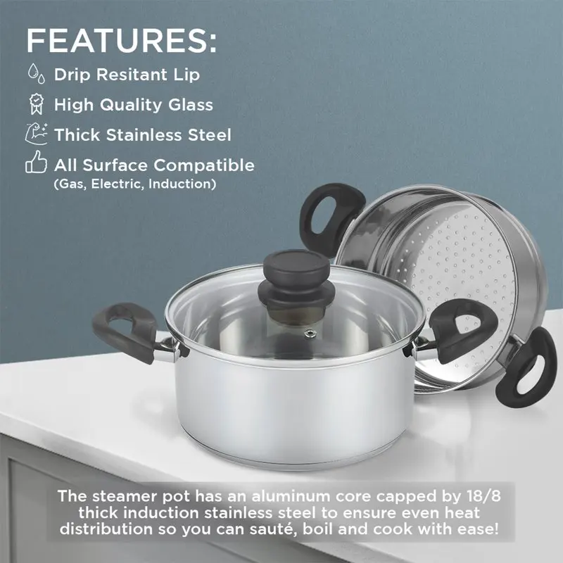 

Qt. Stainless Steel Sauce Pot with 2 Qt. Steamer Pot Insert and Vented Glass Lid | Compatible with All Cooking Surfaces