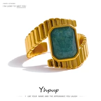yhpup stainless steel blue apatite ring statement metal golden opening texure waterproof jewelry joyer%c3%ada acero inoxidable mujer