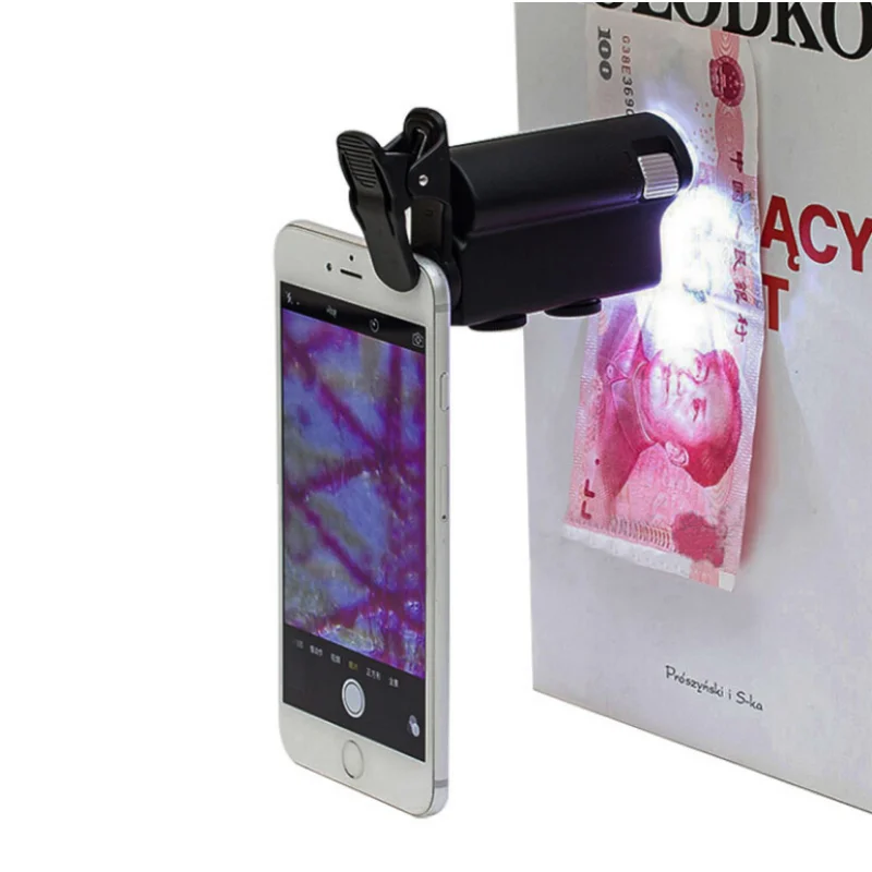 

60X/100X Mobile Phone Microscope with Cell Phone Clip Pocket Magnifying Glass LED UV Light f/ Jade Identification