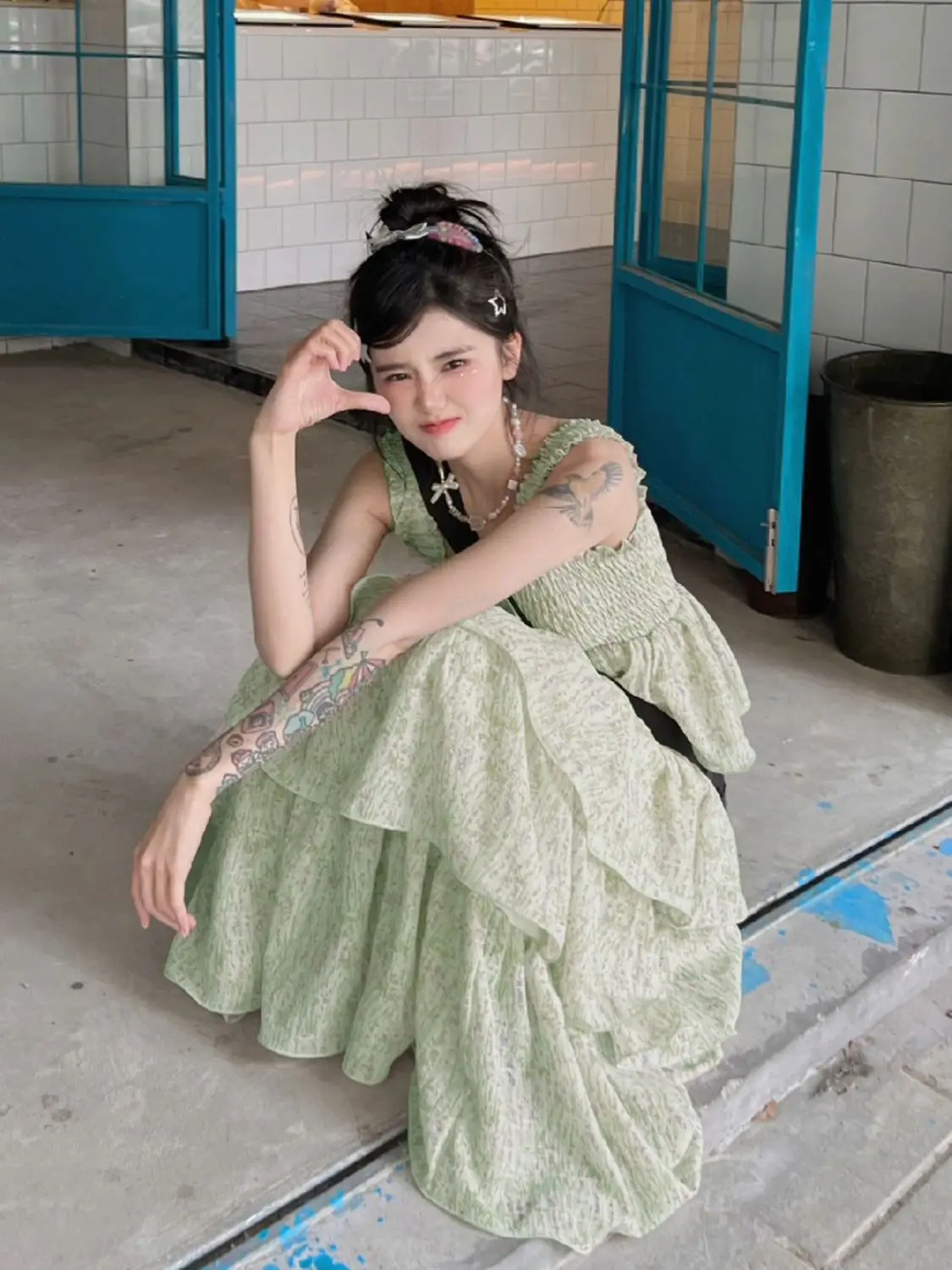 Gaganight женское милое зеленое платье с цветочным принтом 2024 летнее новое