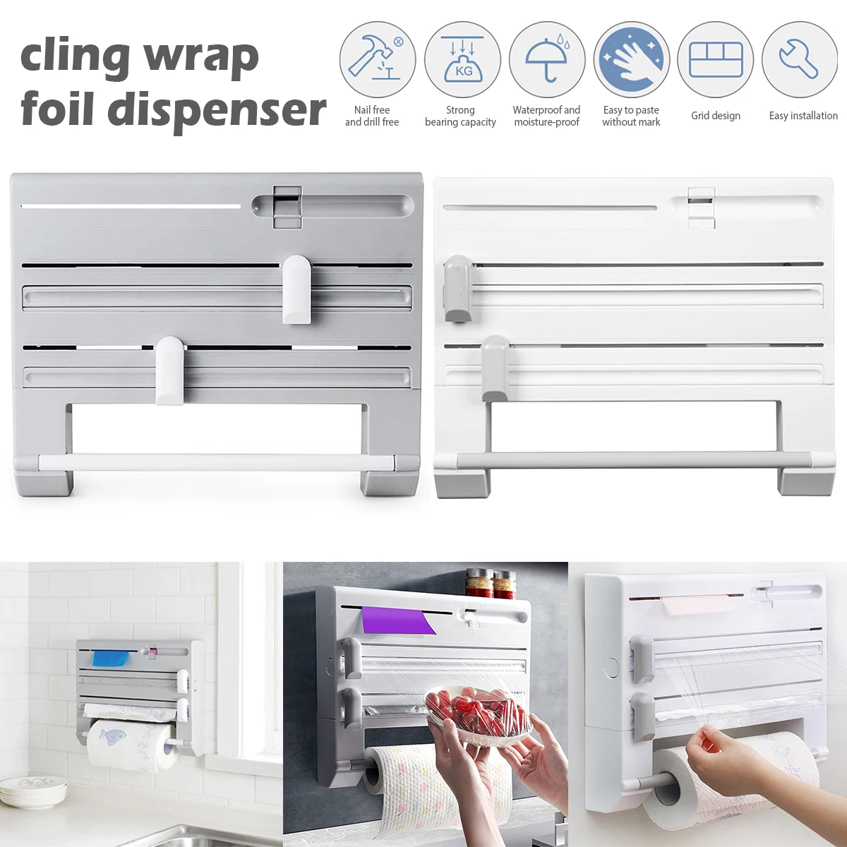 

Kitchen Wrap Dispenser with Cutter 6 In 1 Foil and Plastic Wrap Organizer with Roll Holder Sauce Bottle Storage Holder Wall