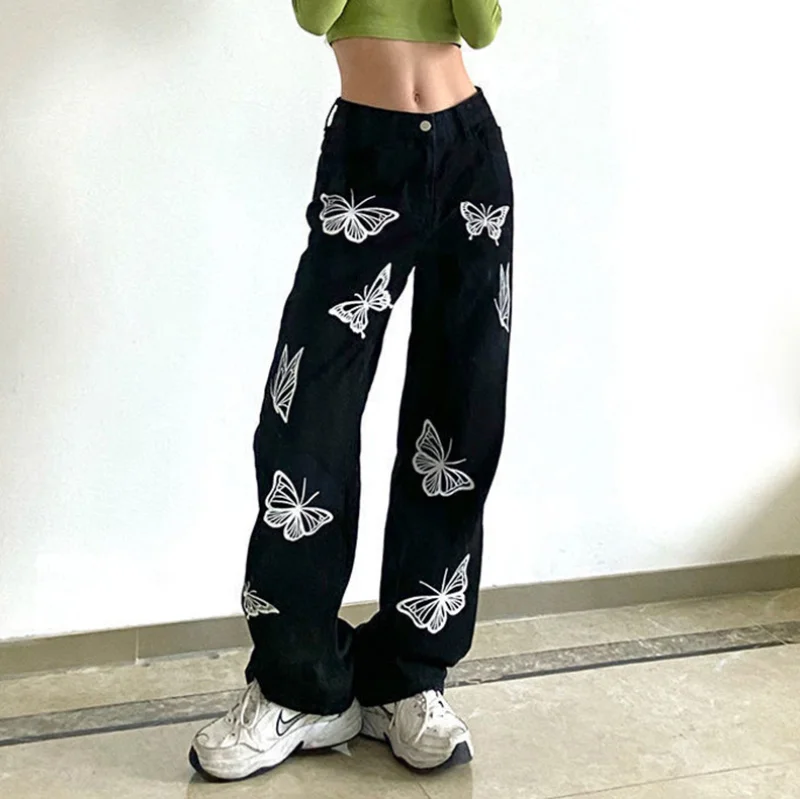 

Butterfly Print Y2k Vintage Fashion New Women Jeans Korean Baggy Summer Streetwear Trousers Oversize Aesthetic Women's Clothing