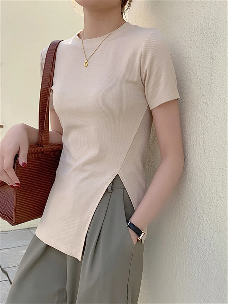 

Summer Irregular Split Knitted Women's T-Shirts Short Sleeve O-Neck Bottoming Korean Casual Shirts Chic Tops Female 2022 New