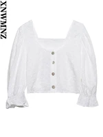xnwmnz women fashion white cut out embroidery crop top female vintage square neck half sleeve short shirt woman clothing blouse