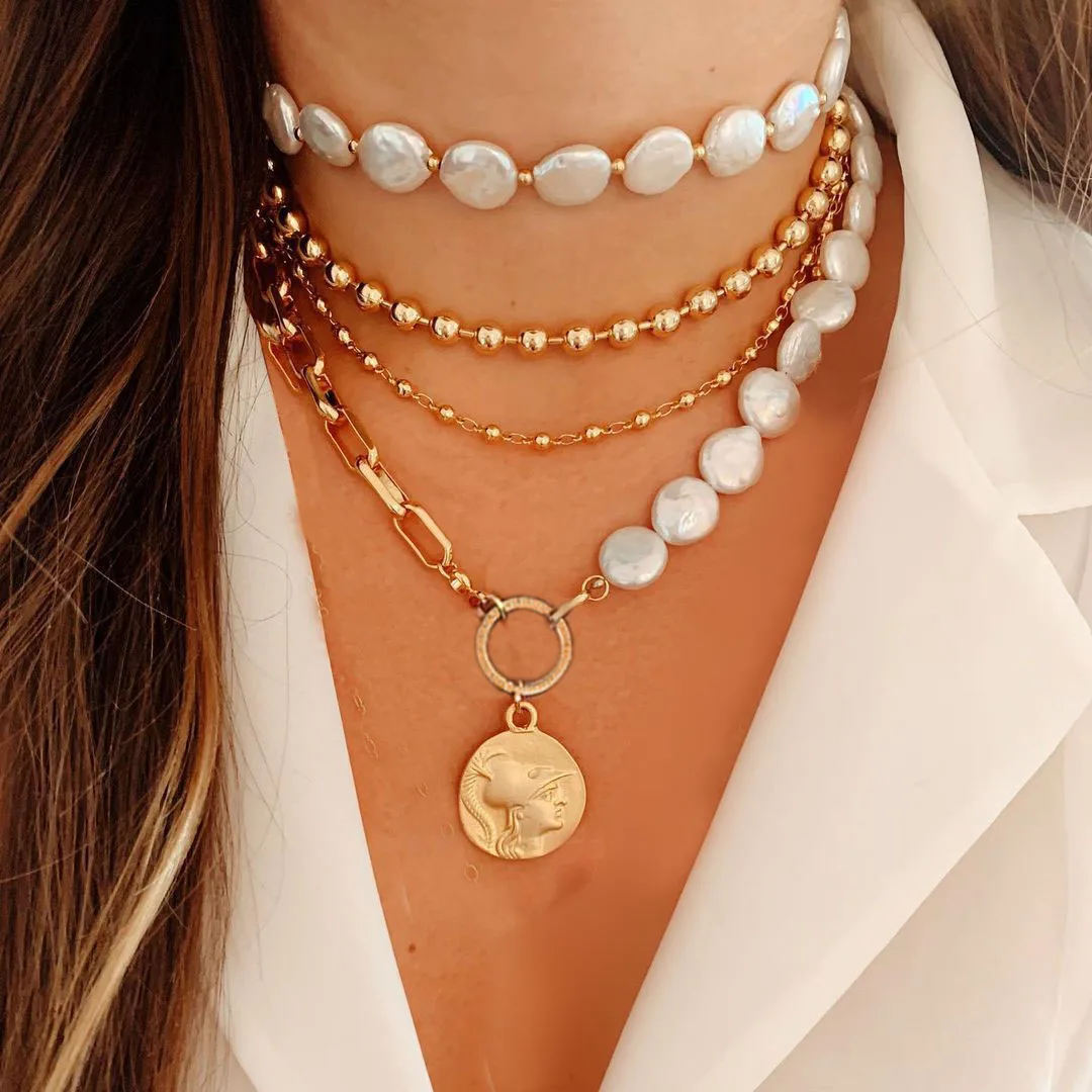 2022 цепочка с жемчугом Женская многослойная асимметричная золотого цвета