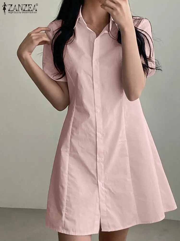 

Мини-платье ZANZEA женское с отложным воротником, модная вечерняя одежда с коротким рукавом, с одной грудью, Повседневный Сарафан-трапеция