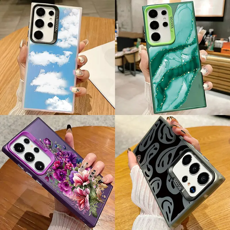 Matte Laser Phone Case For Samsung Galaxy S22 S23 S24 FE S22+ S23+ S24+ Plus S 22 Ultra S21 S20 Cover Marble Smiling Face Bag