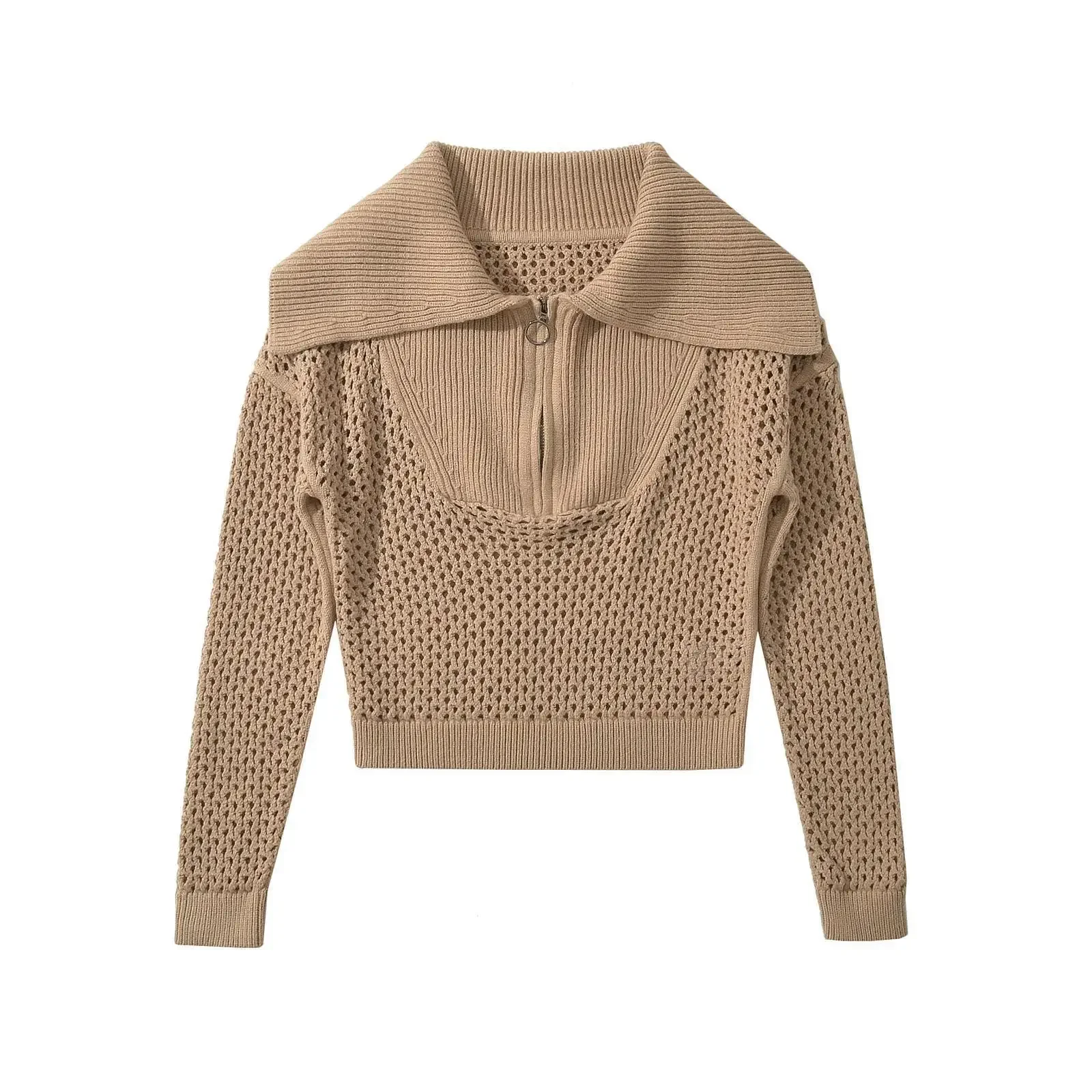 Женский свитер с отложным воротником и ажурным дизайном топы застежкой-молнией