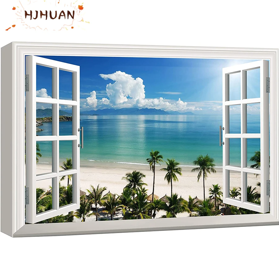 

5D DIY False window, seaside scenery AB Diamond Painting Kit Full Drill Square Embroidery Art Picture of Rhinestones Decor Gift