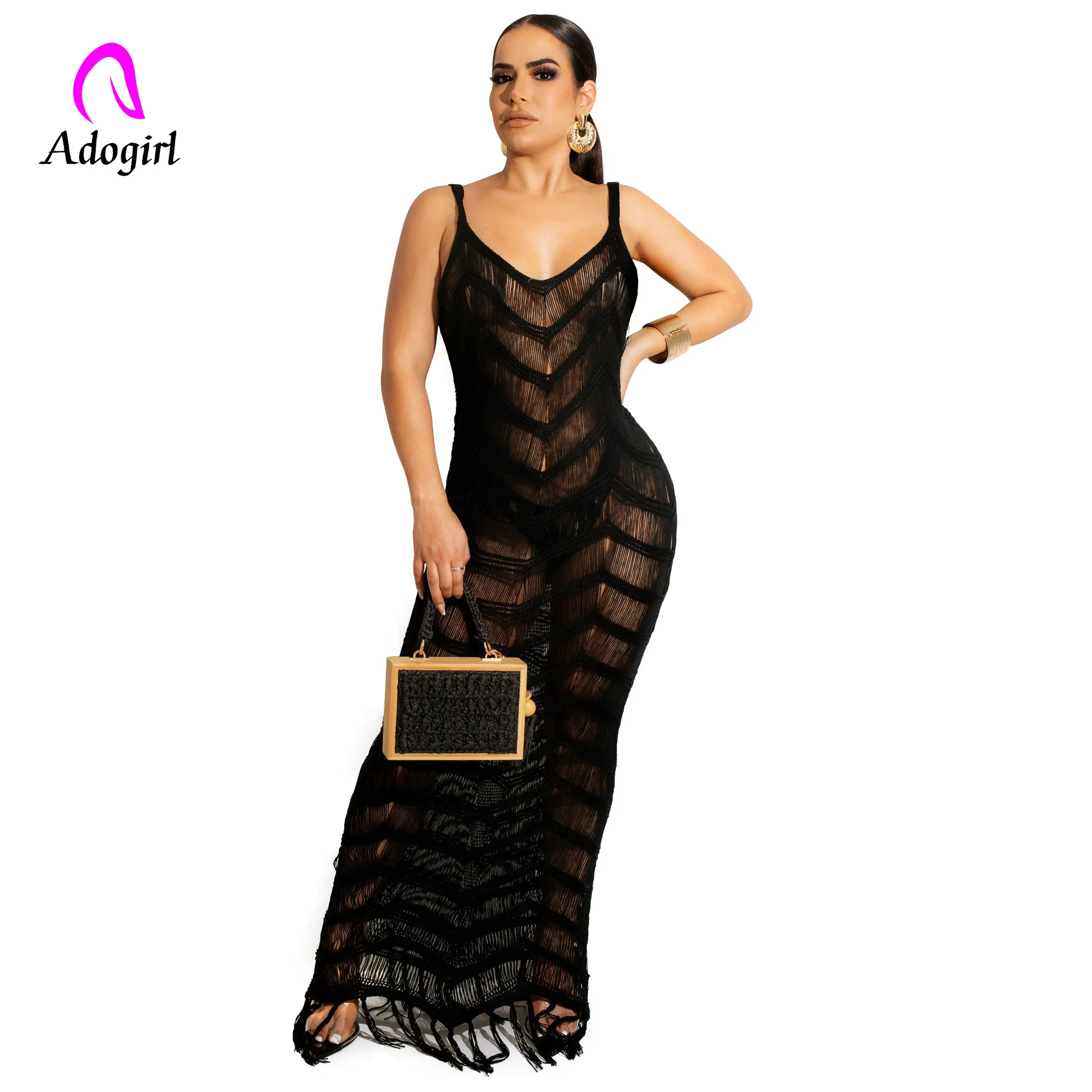 

Fishnet Crochet Women Long Maxi Dress Solid Hollow Out 2022 Summer Beach Vacation Bathing Suit Sexy Night Club Party Vestidos