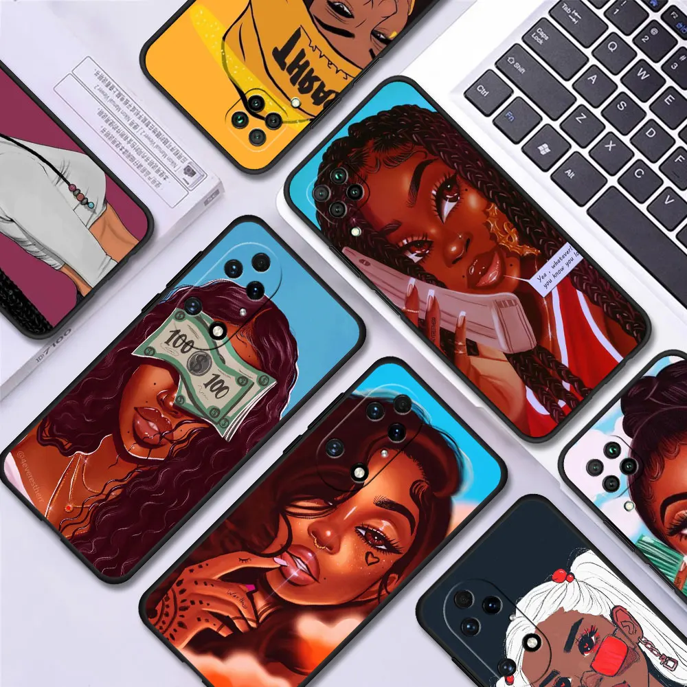 Fashion Black Girls Money Phone Case for Huawei Mate 20 Lite 40 RS 10 Y7 Y6 Y9 2019 Y6p Y9a Nova 8i 9 Pro Y60 TPU Black Cover