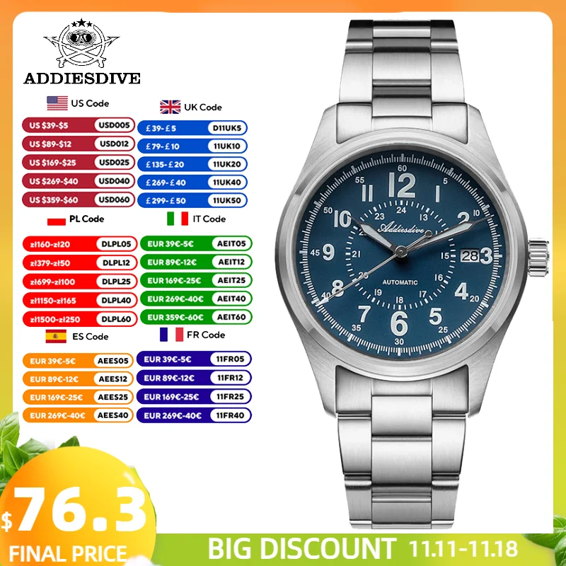 ADDIESDIVE Ретро мужские часы AD2074 Sappire AR Coating Роскошные NH35 Автоматические из