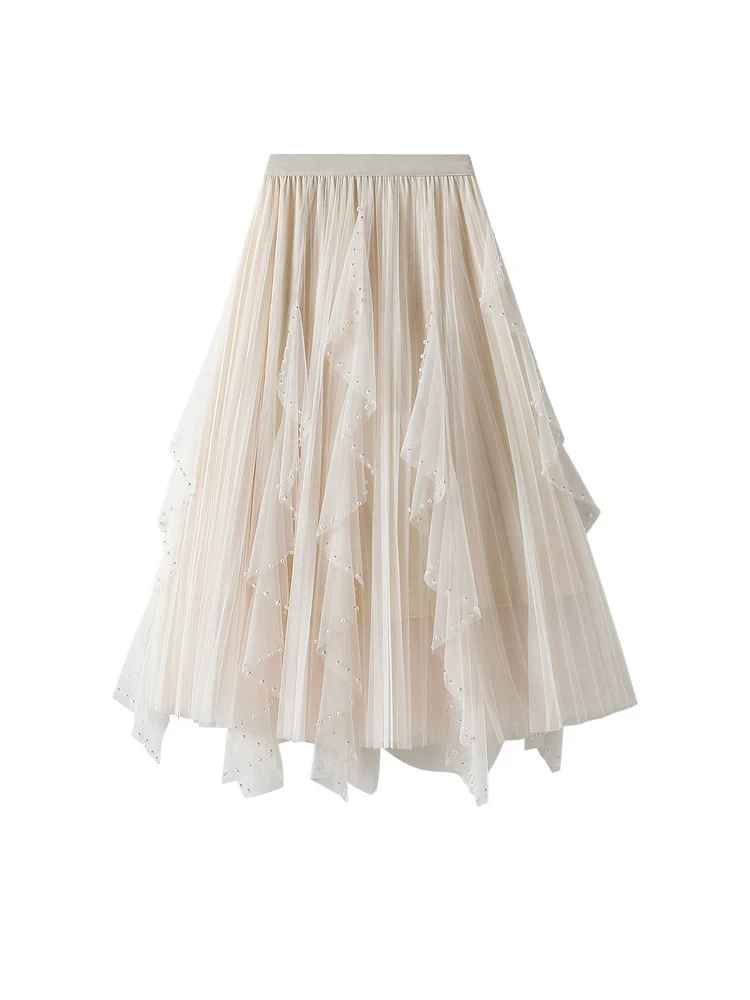 

Women Spliced Ruffles Beading Mesh Skirts 2022 Elastic High Waist A-line Midi Tulle Fairy Elegant Skirt