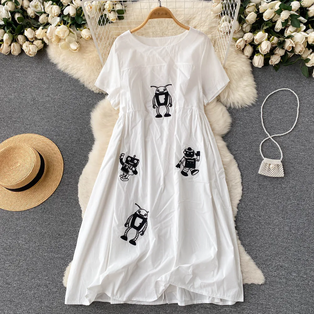 

VANOVICH Sweet French Solid Color Long Dress Summer 2022 New Loose Waist O-neck Temperament Casual Short Sleeve A-line Dress