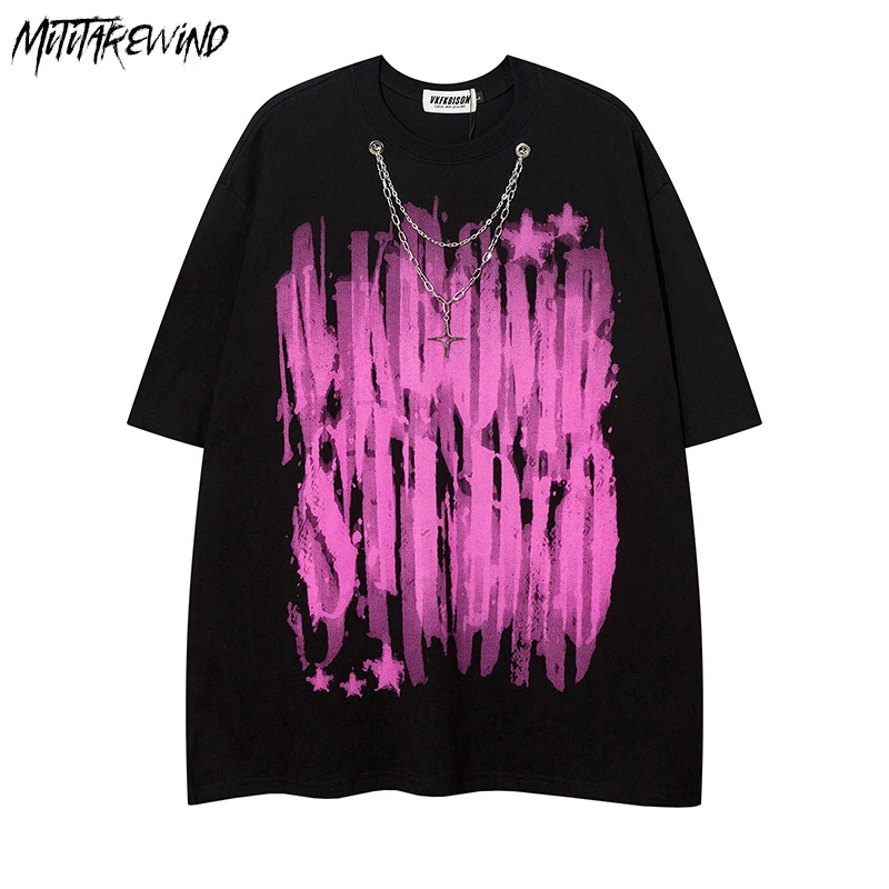 

Футболка мужская с оригинальным принтом граффити, уличная одежда с украшением ожерелья, Повседневная Свободная рубашка с коротким рукавом, 2023