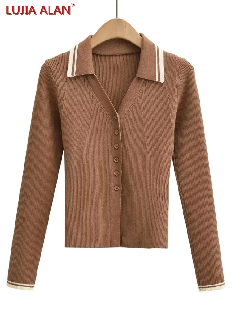 

2 Colors New Women's Lapel Long Sleeve Casual Elastic Fit Knitting Sweater LUJIA ALAN SW1815
