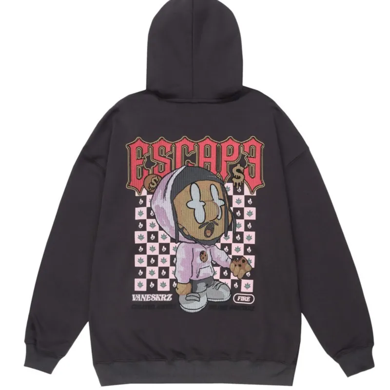 

Мужской флисовый свитер с капюшоном, свободный свитер с длинным рукавом и мультяшным принтом, осень 2022