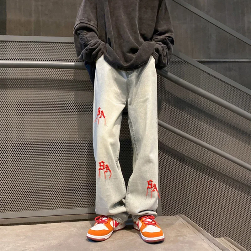 Four Seasons Men's Jeans Light Blue Embroidered Straight Fashion Casual Loose Trousers High Street Hip Hop Men's Denim Trousers